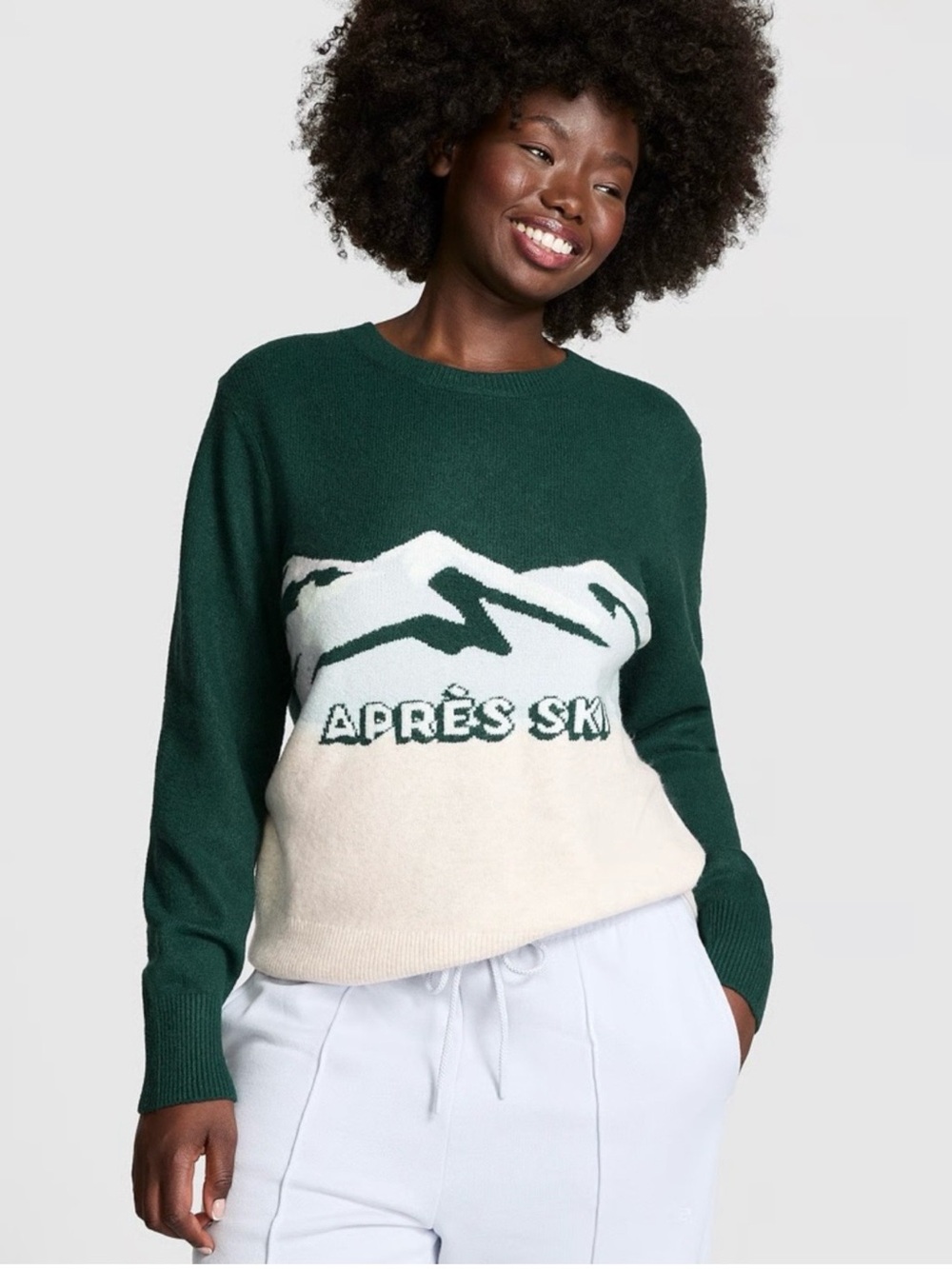 PINK Victoria's Secret Dark Green & Cream 'Après Ski' Crew Sweater